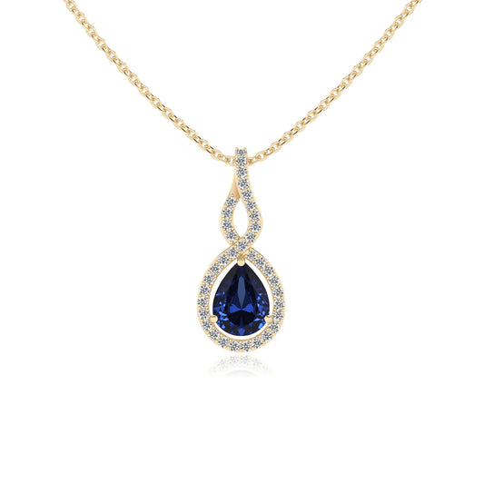 lab grown blue-sapphire pear necklaces in yellow gold
