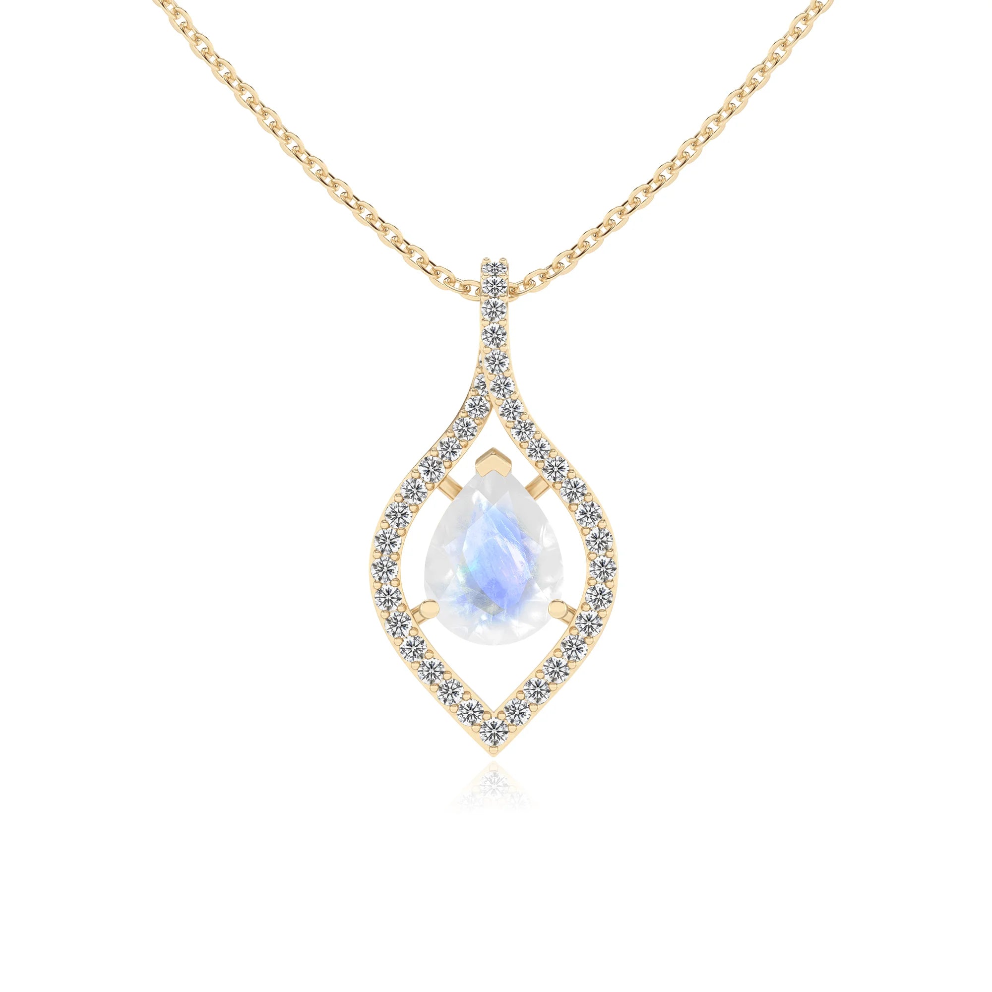 natural rainbow-moonstone pear infinity necklaces in yellow gold