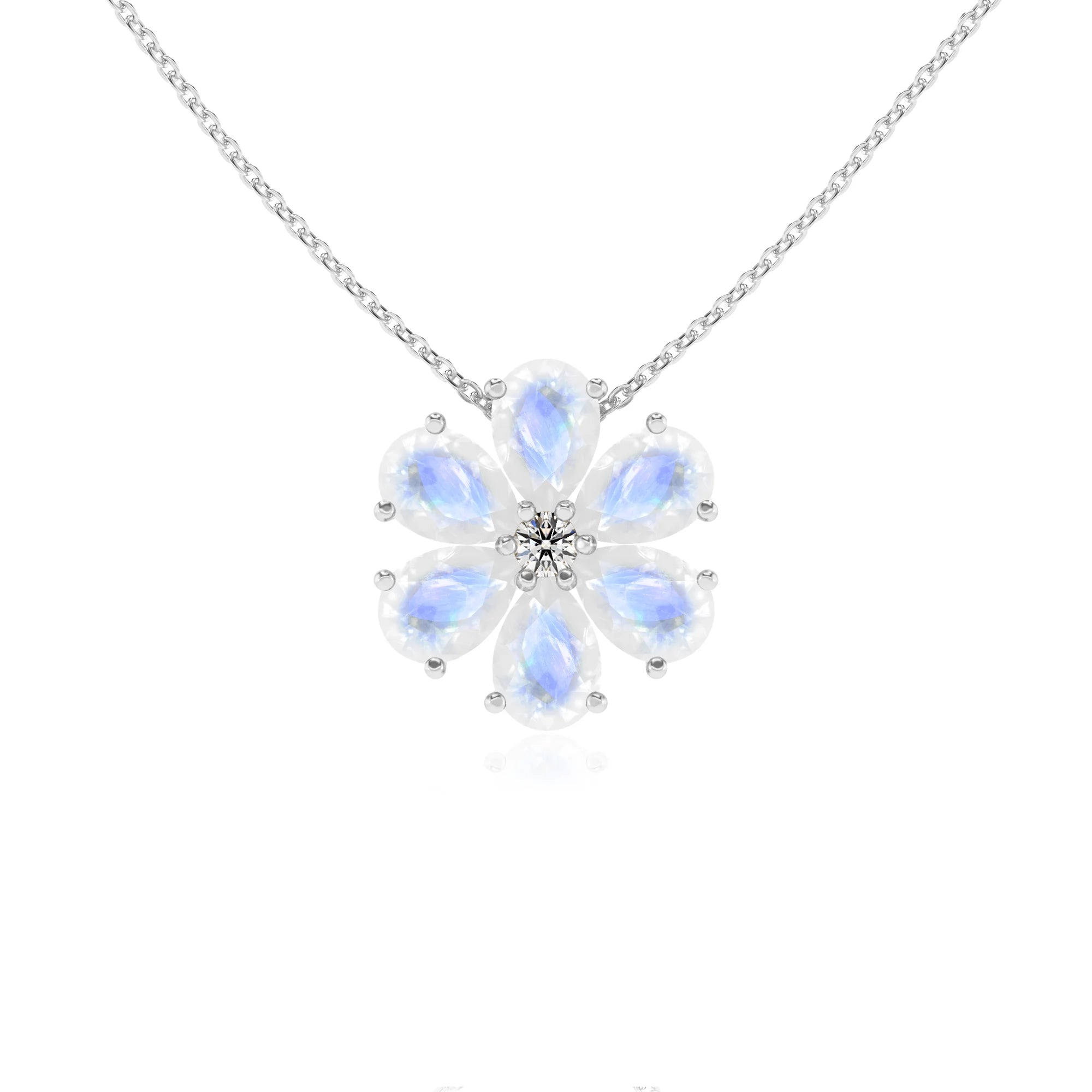 natural rainbow-moonstone pear solitaire necklaces in white gold