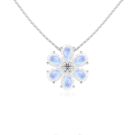 natural rainbow-moonstone pear solitaire necklaces in white gold
