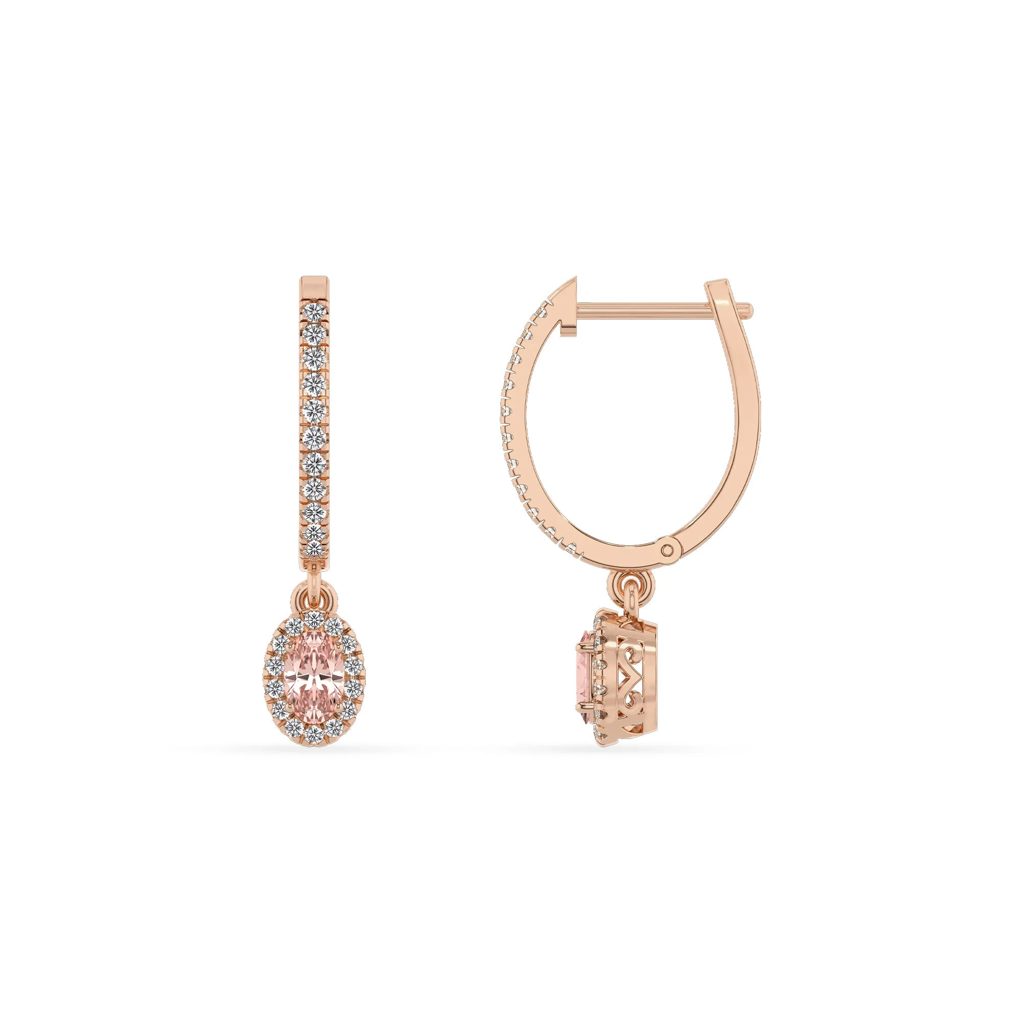 lab grown morganite oval drop earrings in rose gold