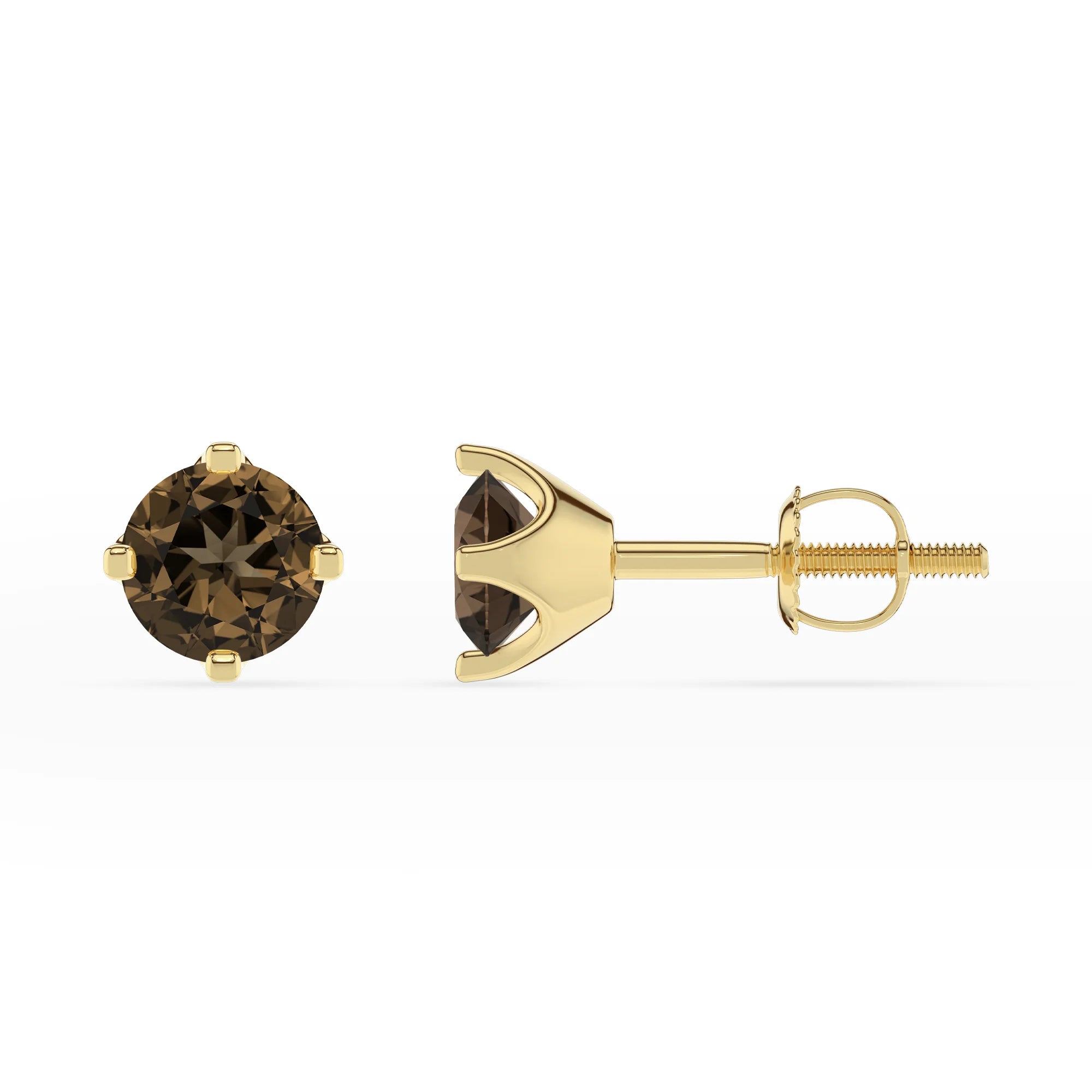 natural smoky quartz round stud earrings in yellow gold