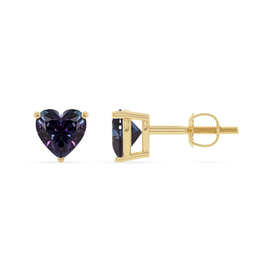 lab grown alexandrite heart stud earrings in yellow gold