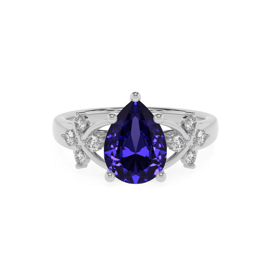 lab grown tanzanite pear solitaire rings in platinum