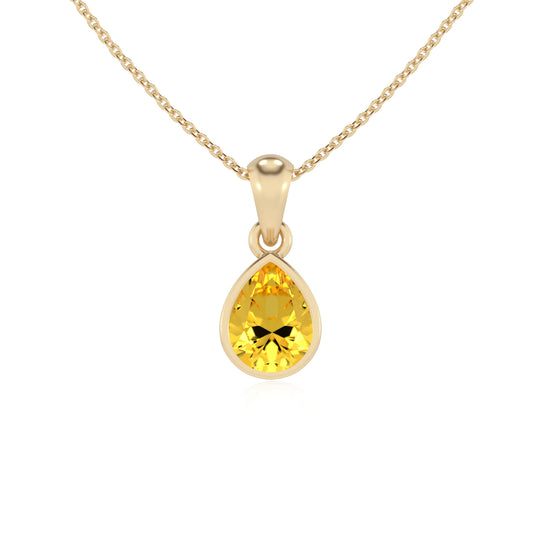 lab grown yellow-sapphire pear solitaire necklaces in yellow gold
