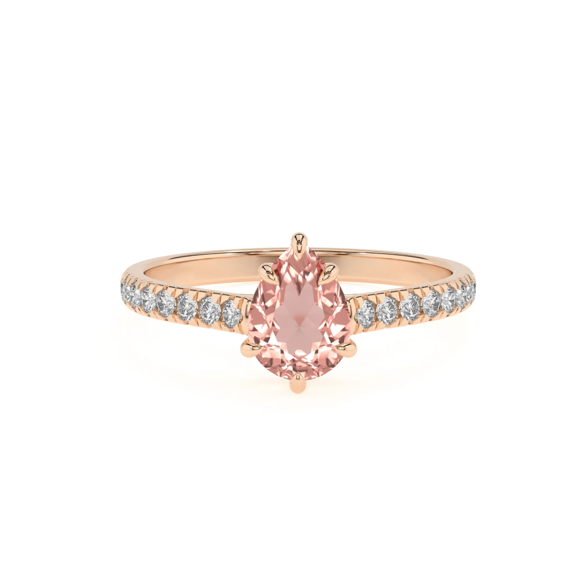 lab grown morganite pear half eternity solitaire engagement rings in rose gold