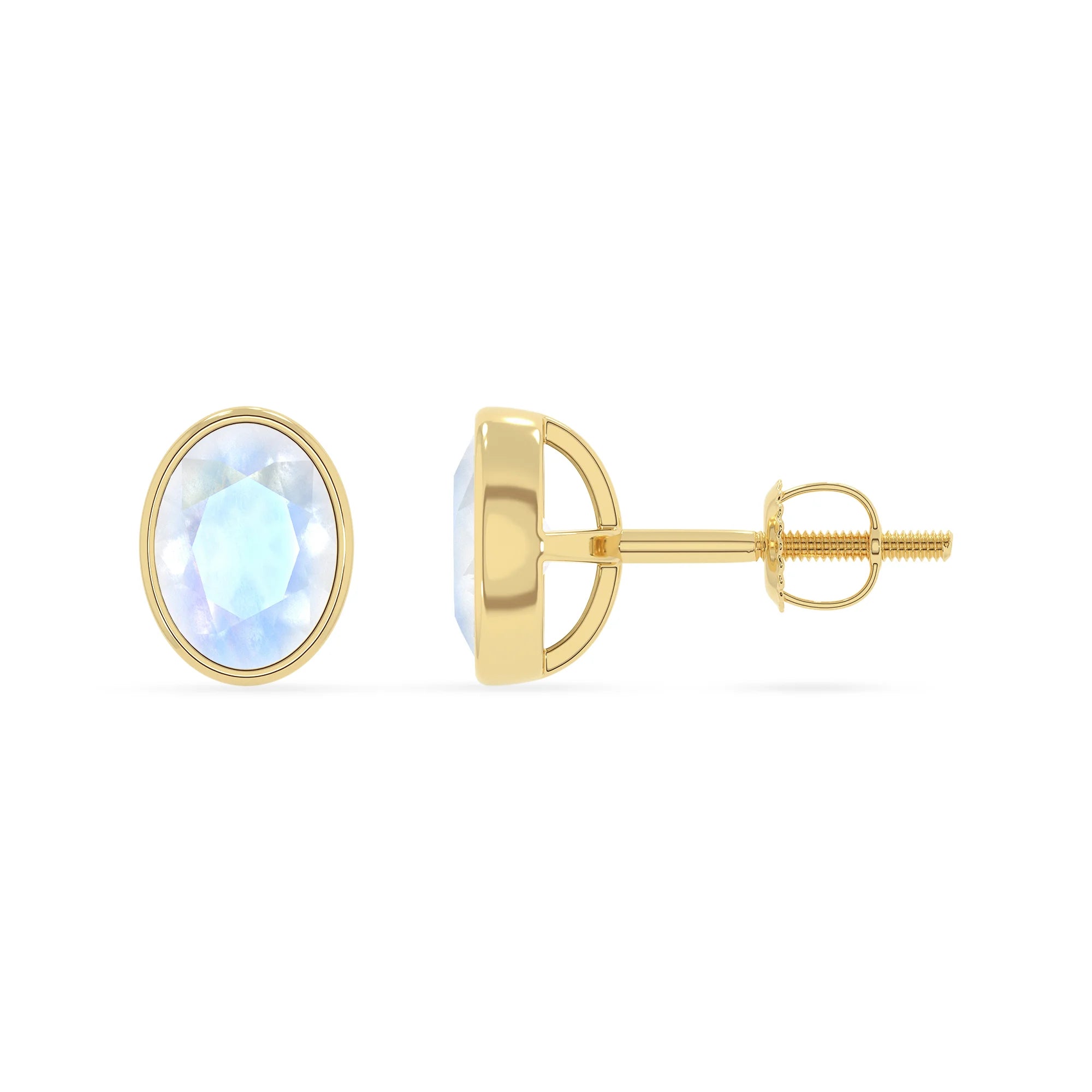 natural rainbow moonstone oval stud earrings in yellow gold