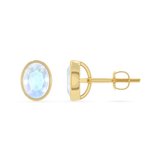 natural rainbow moonstone oval stud earrings in yellow gold