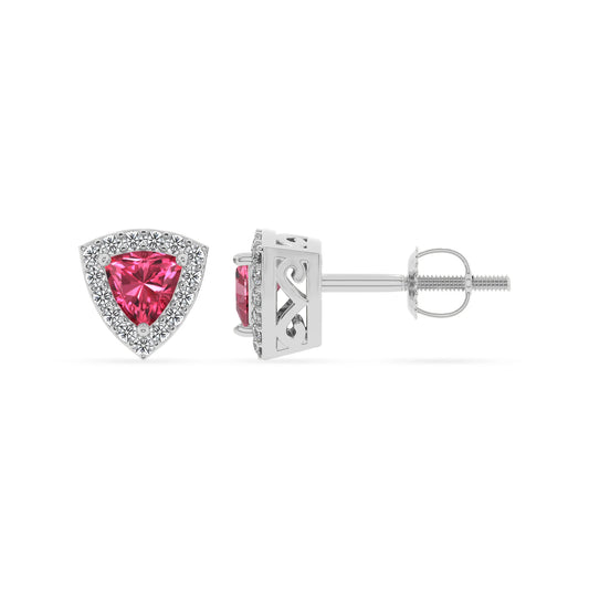 lab grown pink tourmaline trillion stud earrings in white gold