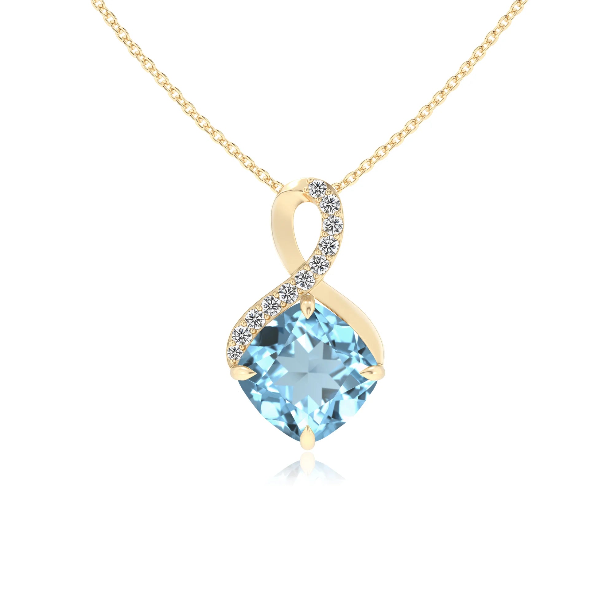 lab grown aquamarine cushion infinity necklaces in yellow gold