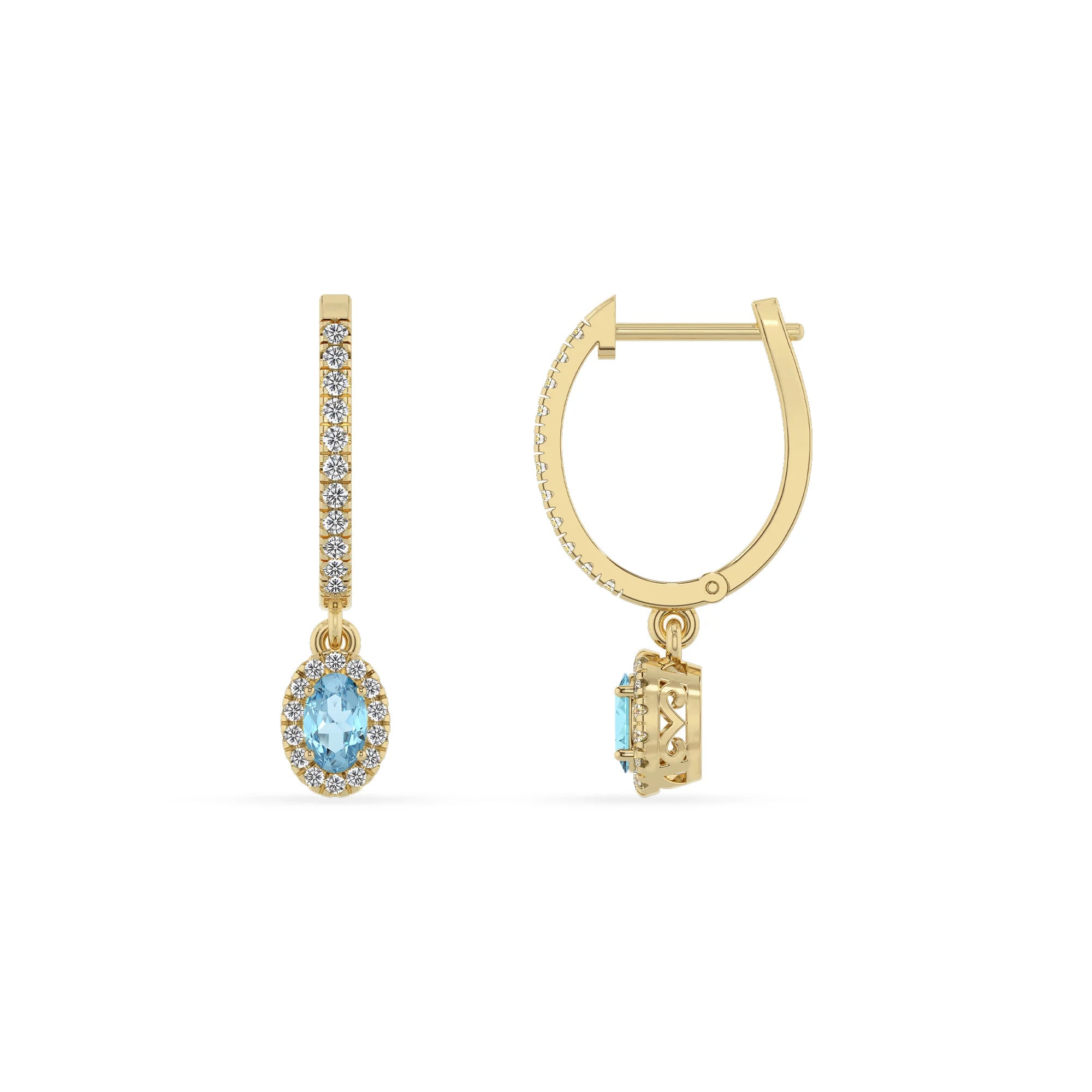 lab grown aquamarine oval drop earrings in yellow gold