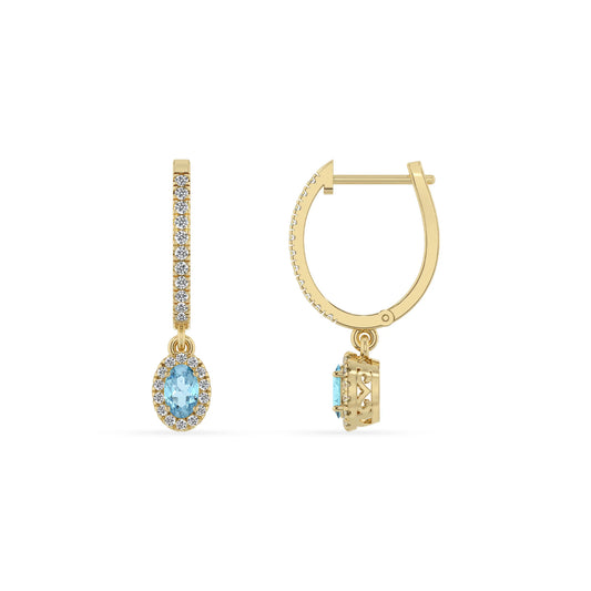 lab grown aquamarine oval drop earrings in yellow gold