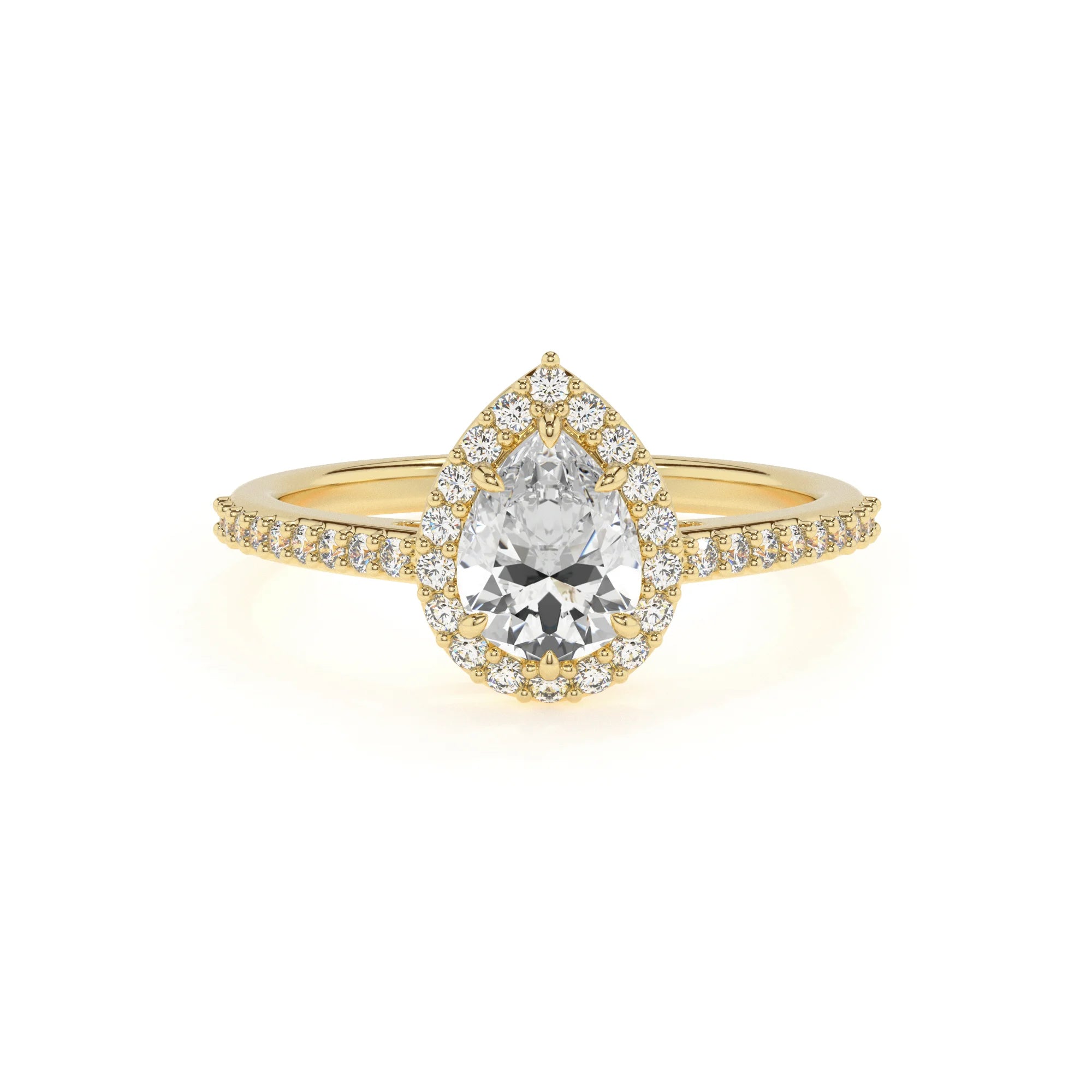 lab grown moissanite pear solitaire rings in yellow gold