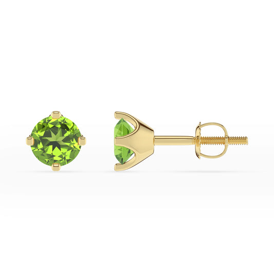 natural peridot round stud earrings in yellow gold