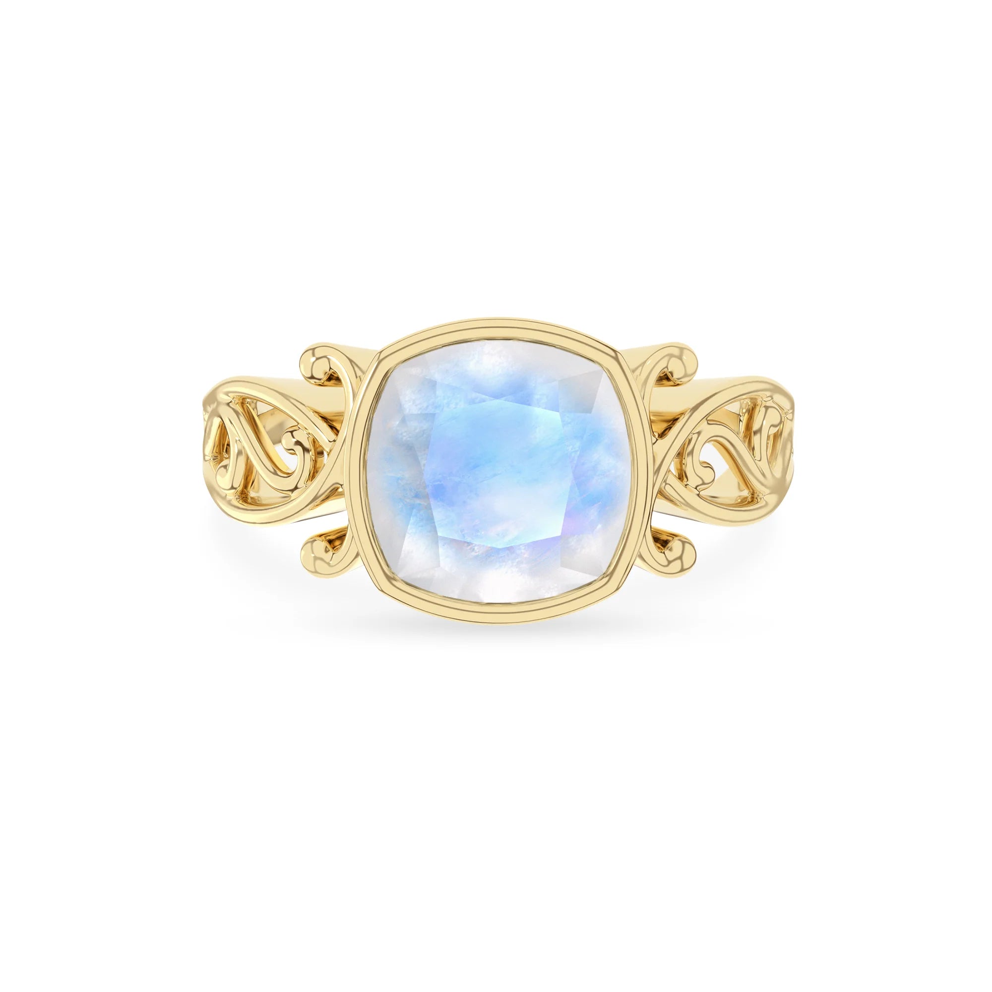 natural rainbow-moonstone cushion solitaire rings in yellow gold