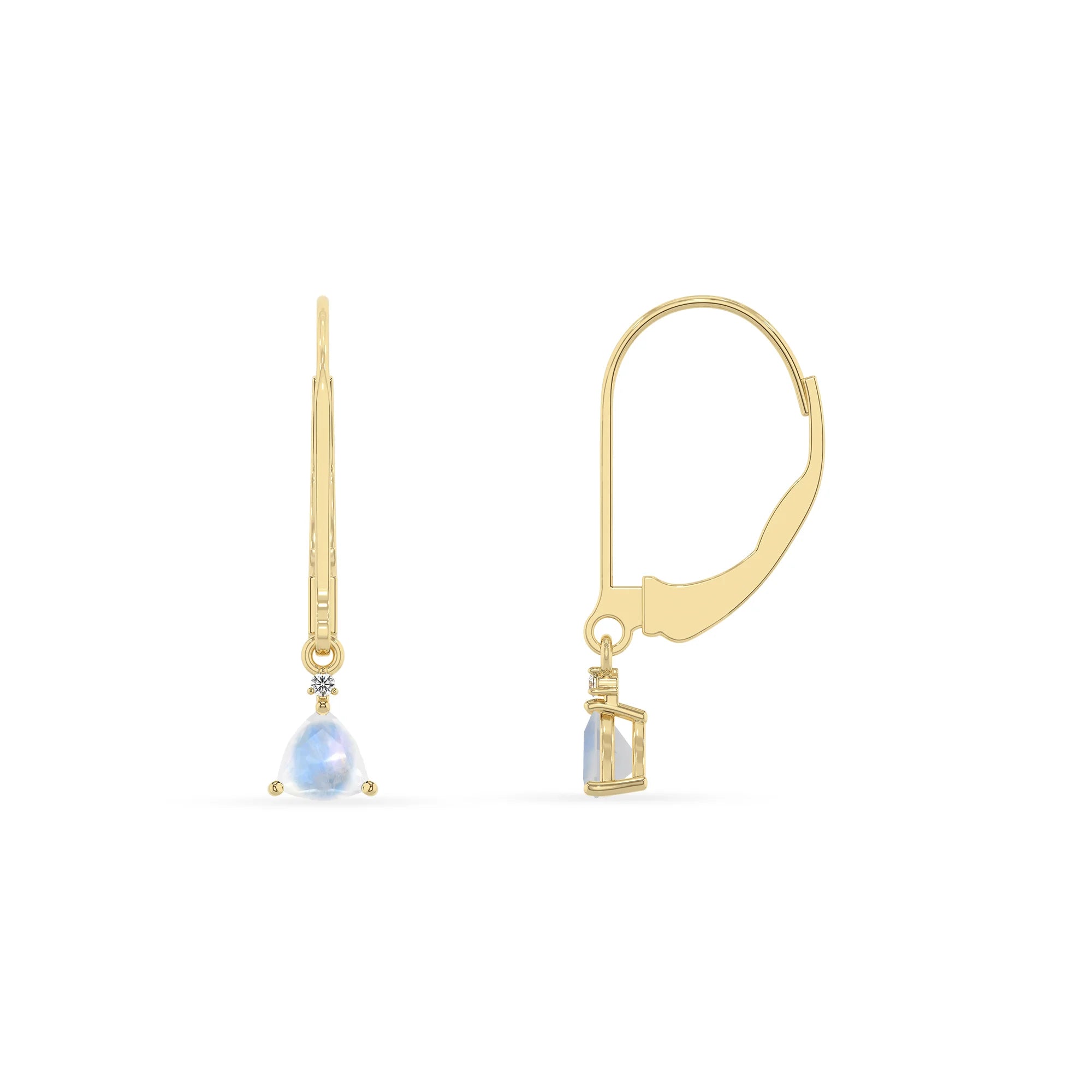 natural rainbow moonstone trillion drop earrings in yellow gold