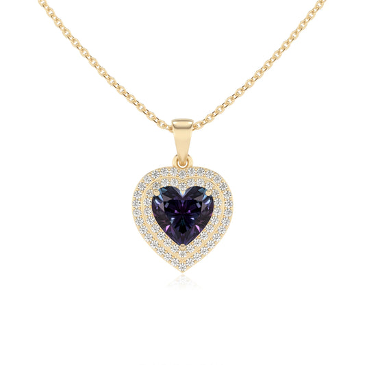lab grown alexandrite heart halo necklaces in yellow gold