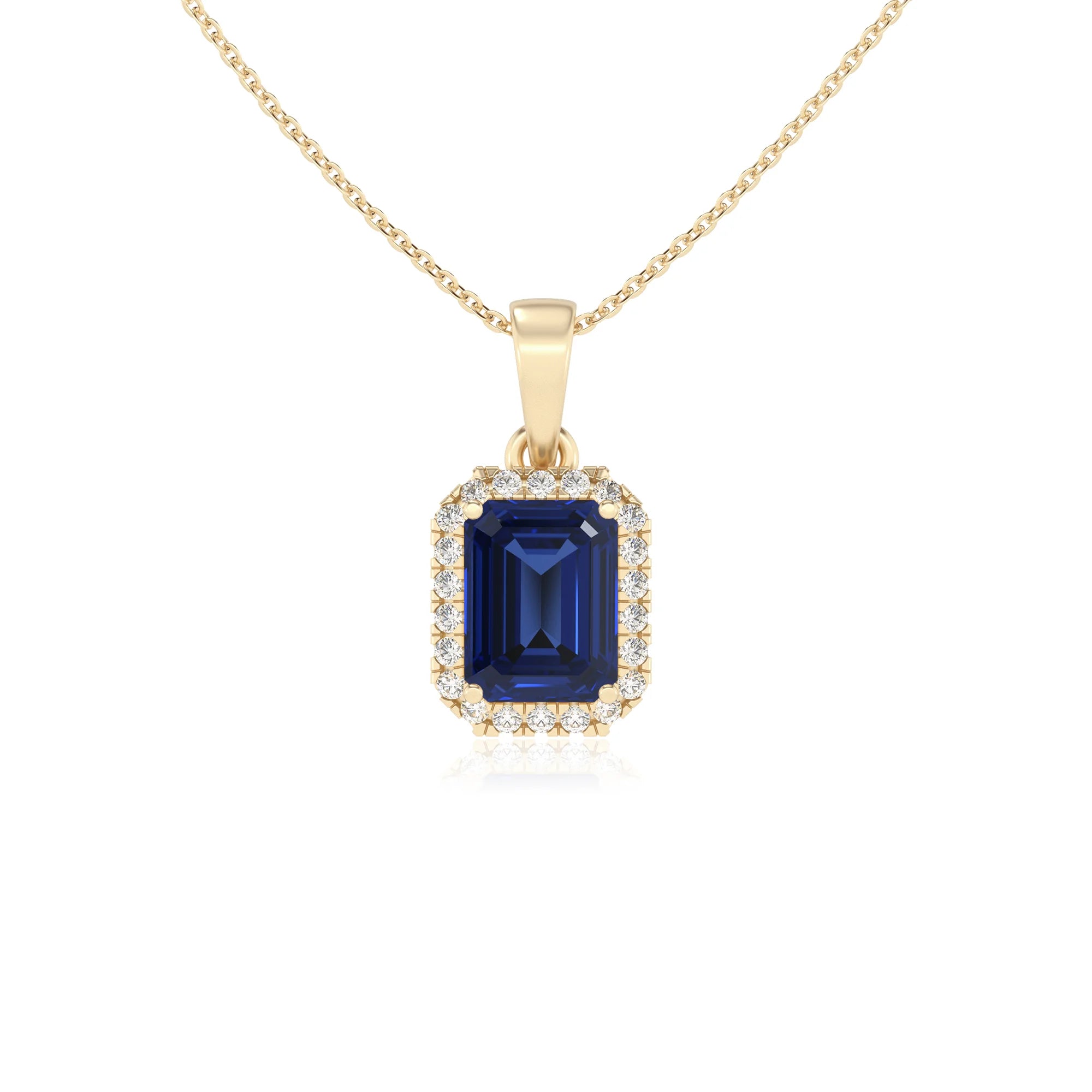 lab grown blue-sapphire emerald cut solitaire necklaces in yellow gold