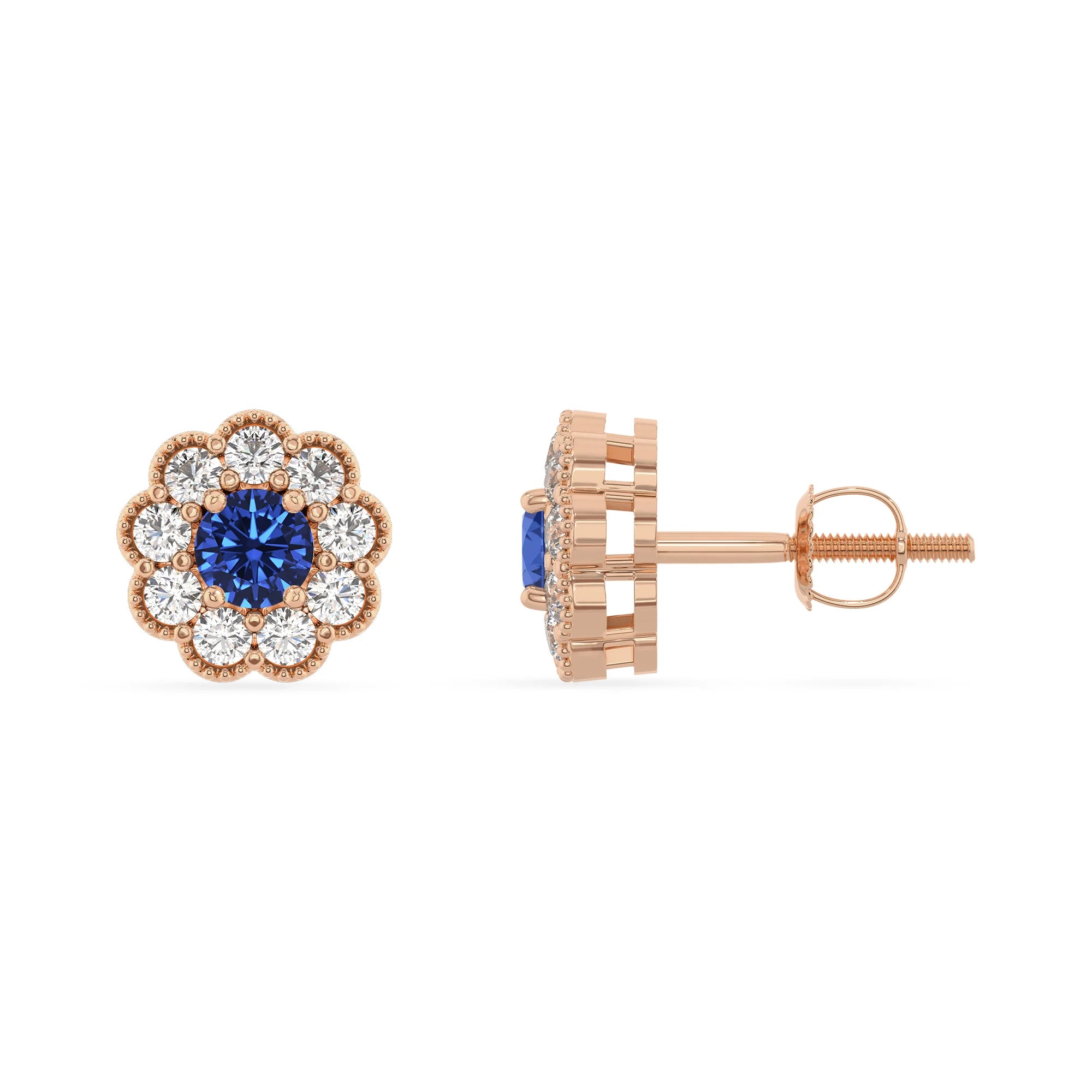 lab grown blue sapphire round stud earrings in rose gold