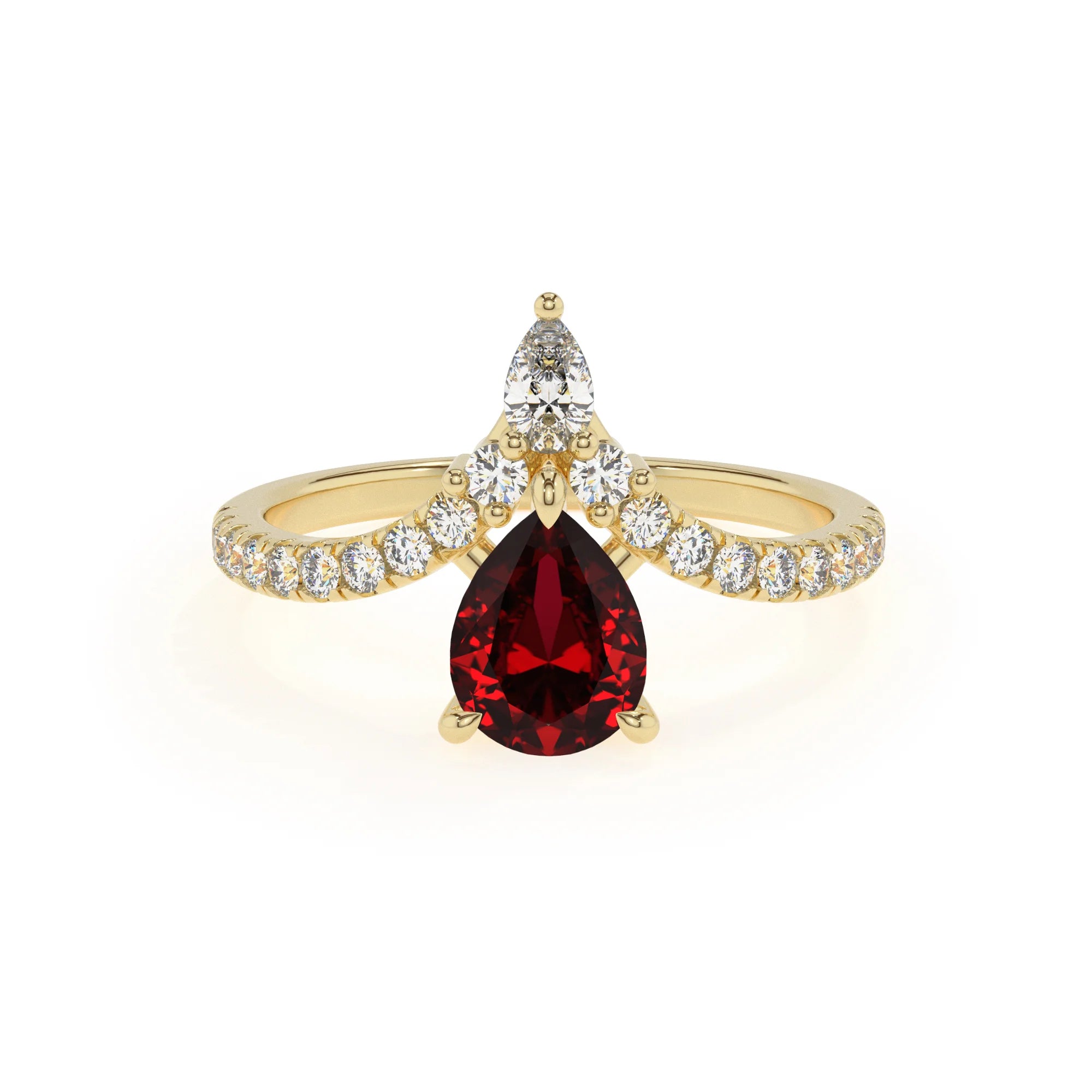 lab grown ruby pear solitaire rings in yellow gold