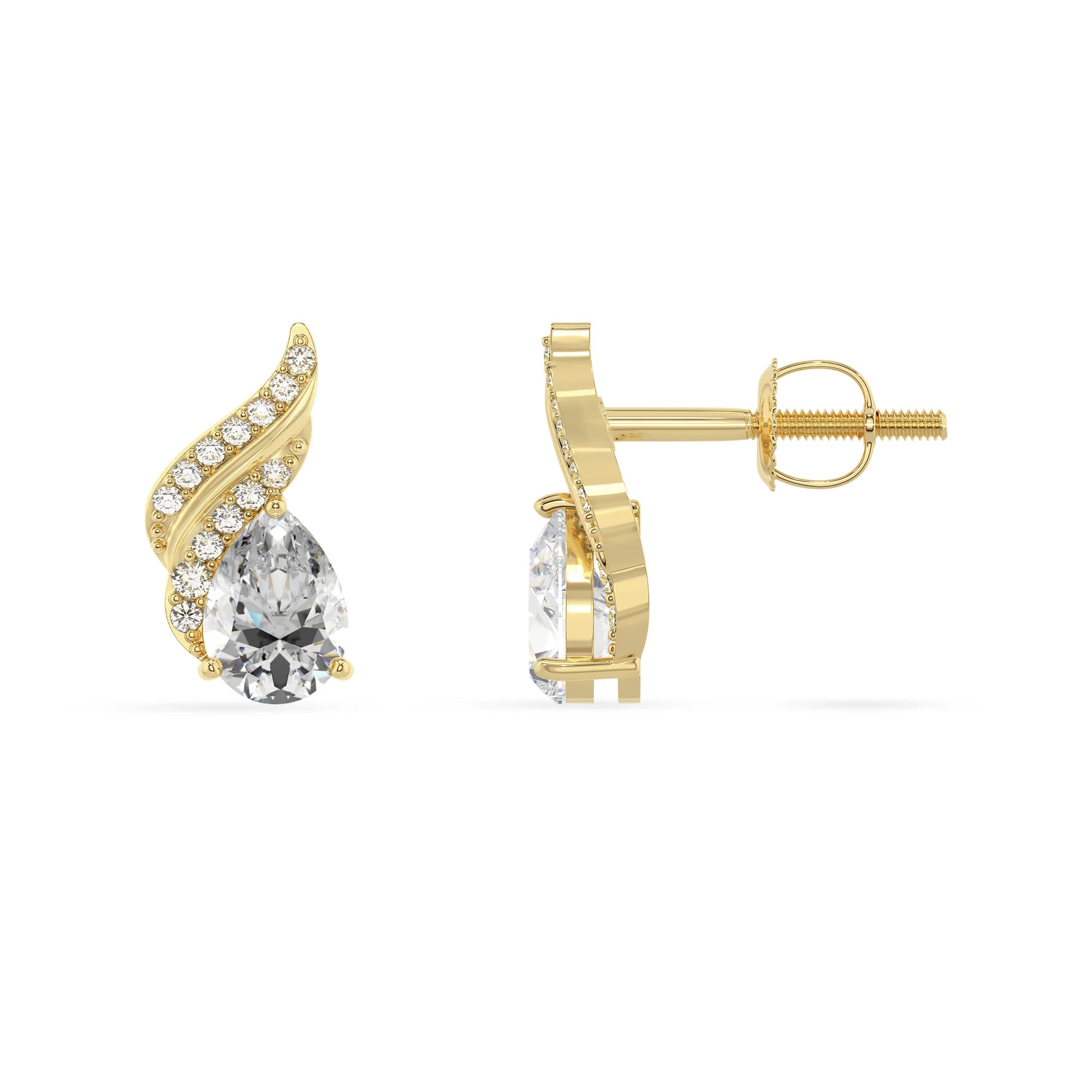 lab grown moissanite pear stud earrings in yellow gold
