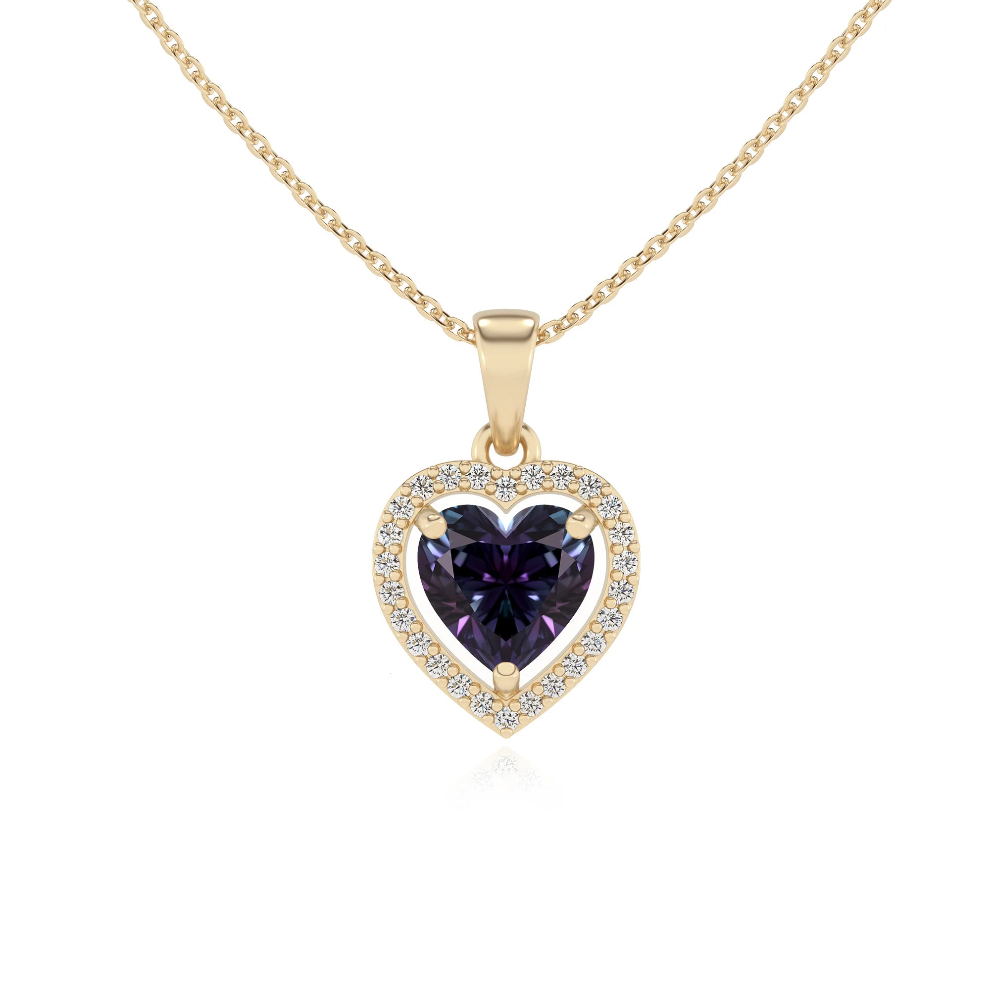 lab grown alexandrite heart solitaire necklaces in yellow gold