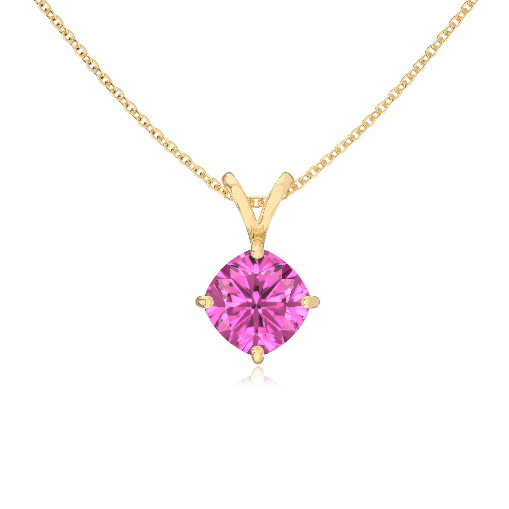 lab grown pink-sapphire cushion solitaire v-bale necklaces in yellow gold