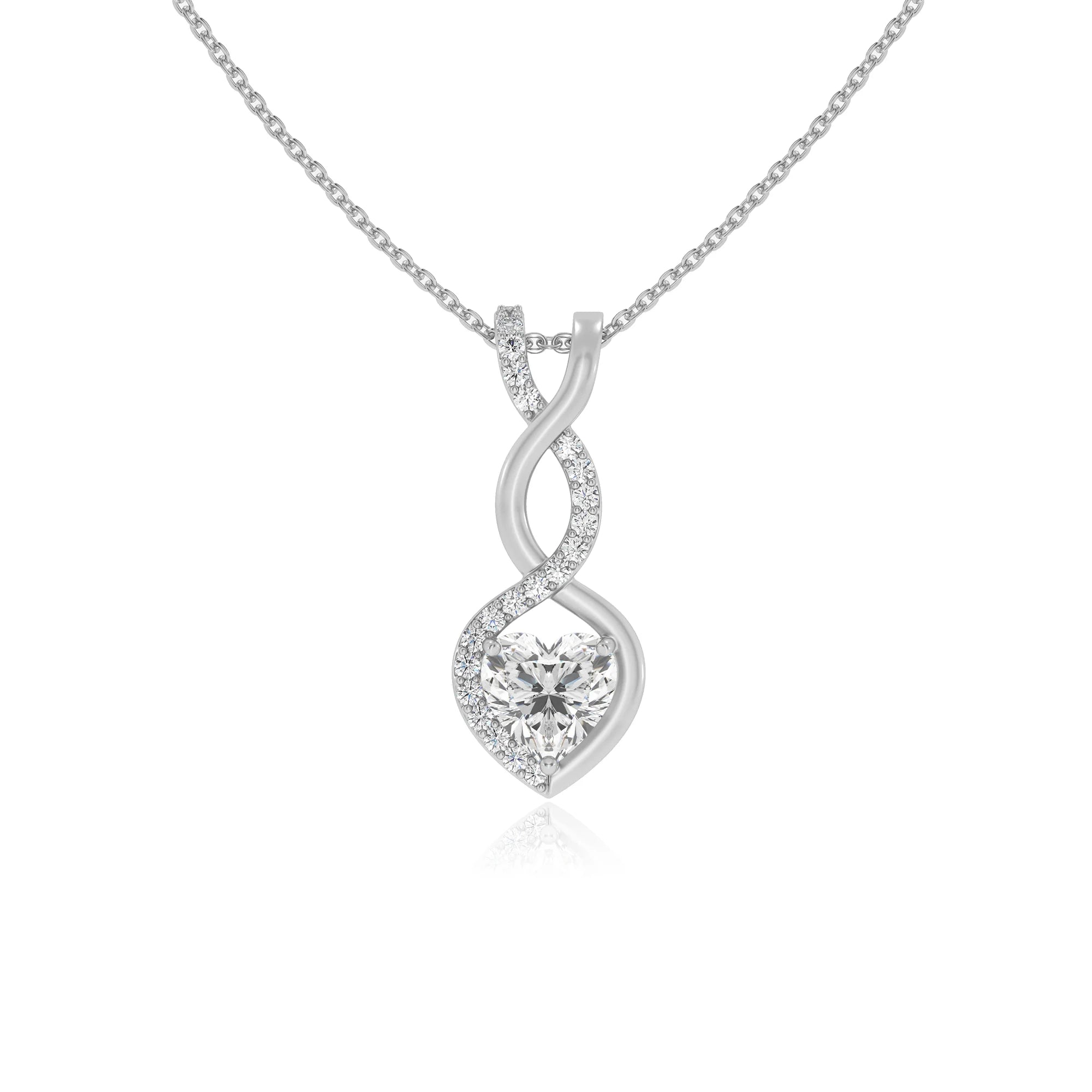 lab grown moissanite heart infinity necklaces in white gold