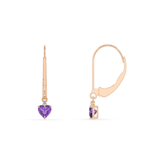 lab grown amethyst heart drop earrings in rose gold