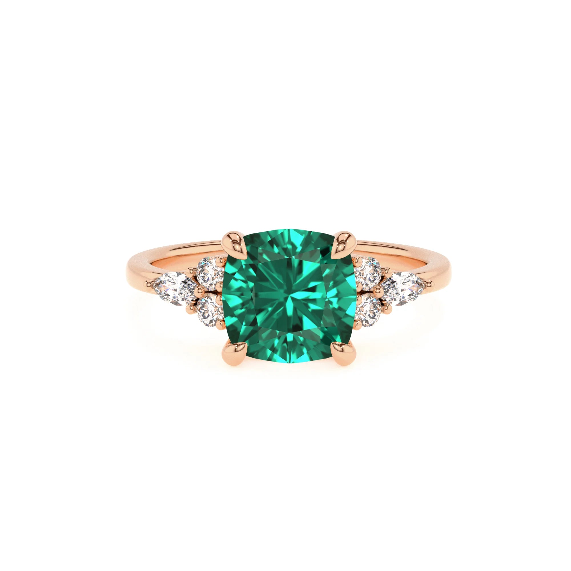 lab grown emerald cushion solitaire rings in rose gold