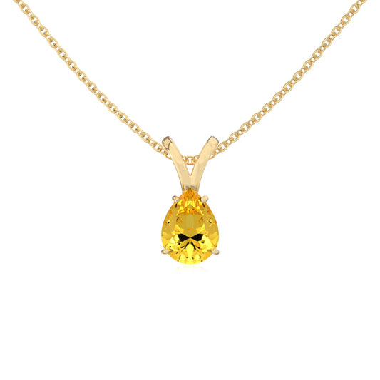 lab grown yellow-sapphire pear solitaire v-bale necklaces in yellow gold