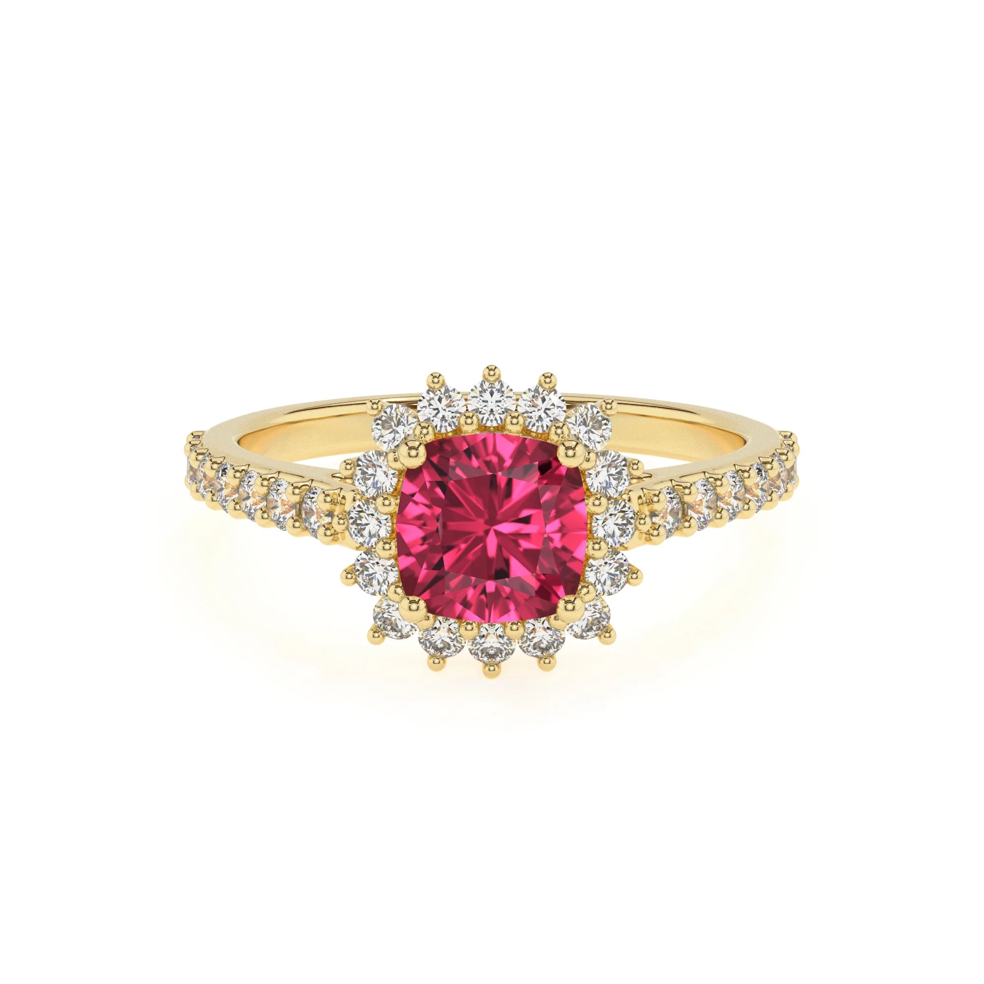 lab grown pink-tourmaline cushion solitaire rings in yellow gold