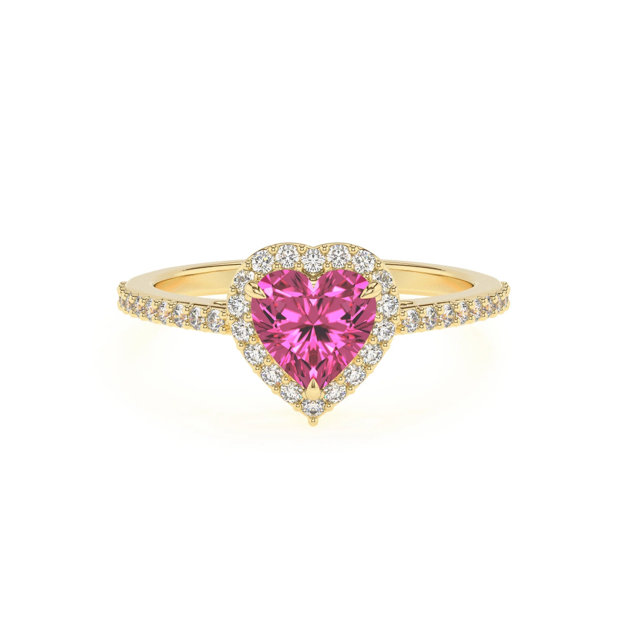 lab grown pink-sapphire heart solitaire rings in yellow gold