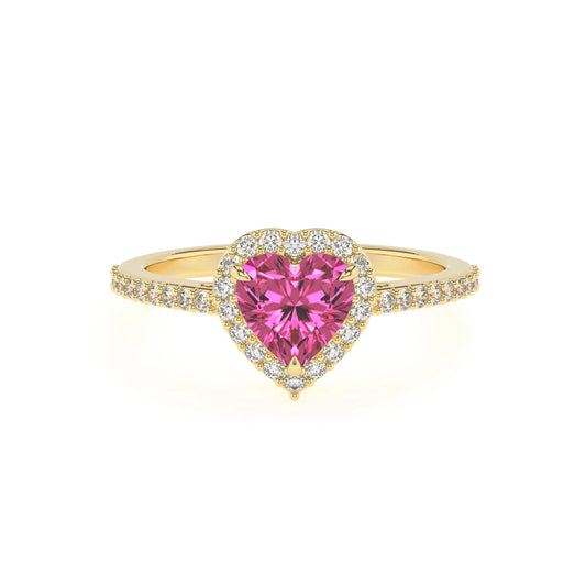 lab grown pink-sapphire heart solitaire rings in yellow gold