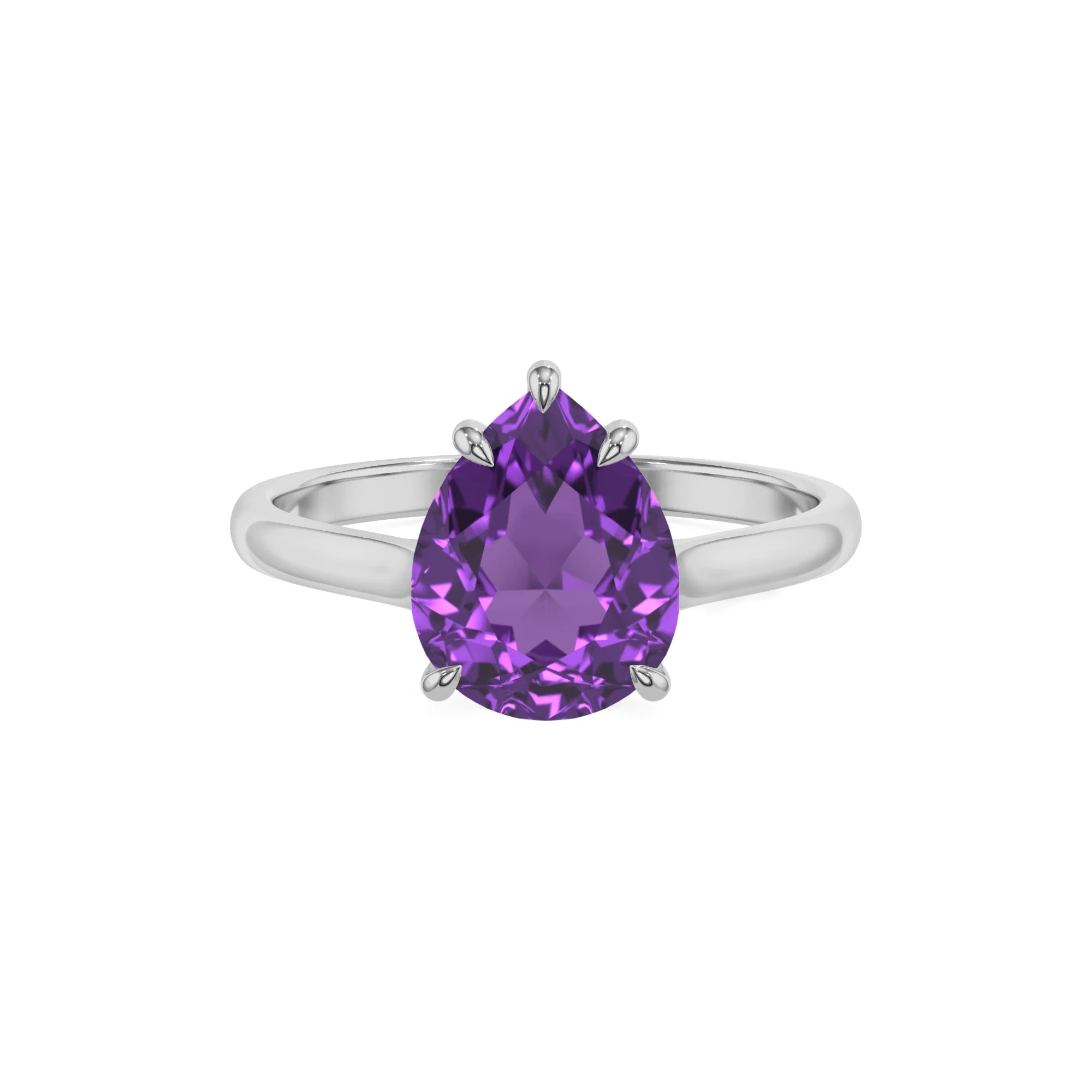 lab grown amethyst pear solitaire rings in platinum