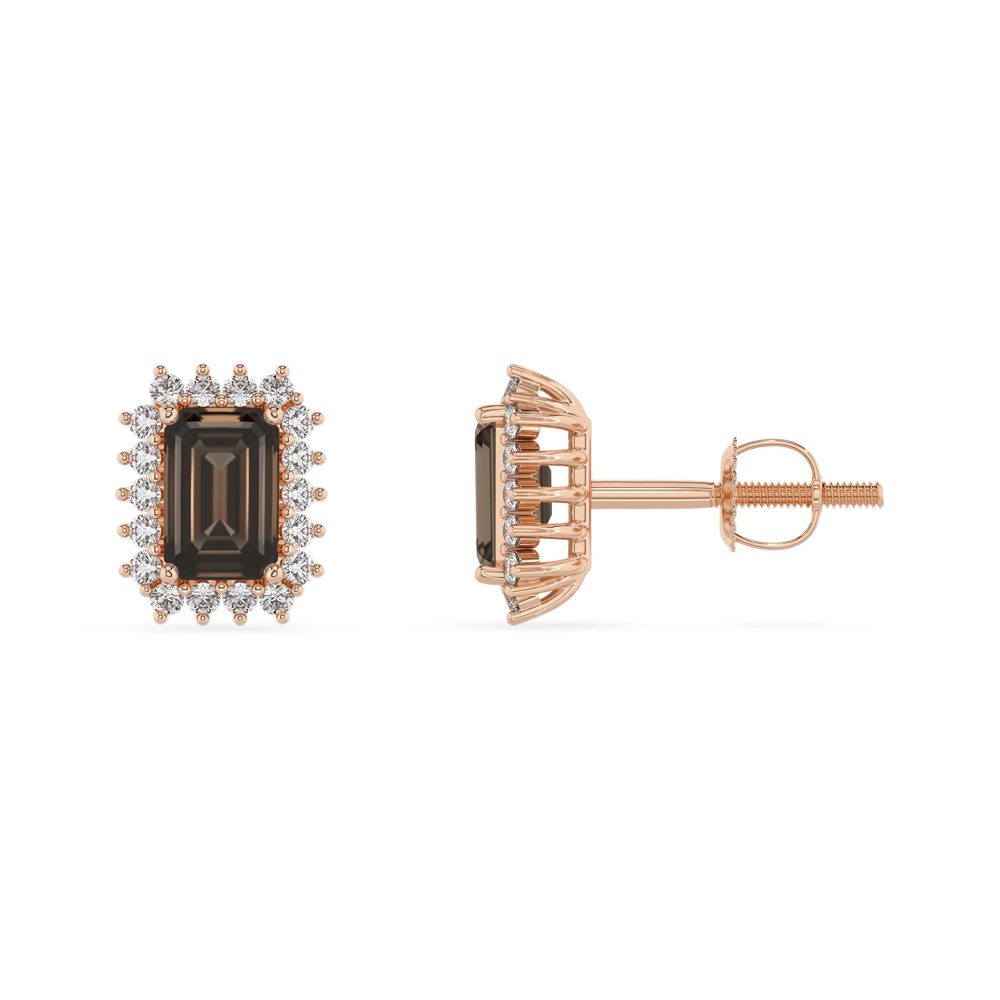 natural smoky quartz emerald cut stud earrings in rose gold