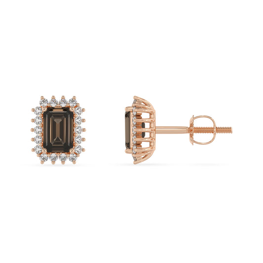 natural smoky quartz emerald cut stud earrings in rose gold