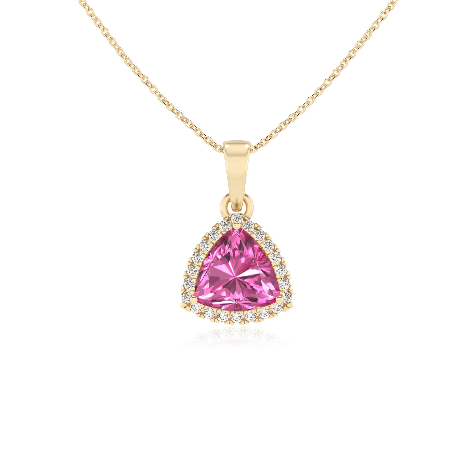 lab grown pink-sapphire trillion solitaire necklaces in yellow gold