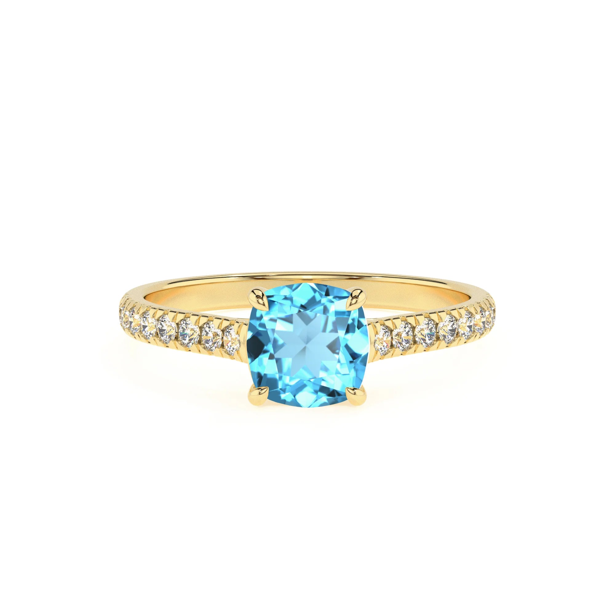 natural swiss-blue-topaz cushion half eternity solitaire engagement rings in yellow gold