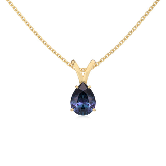 lab grown alexandrite pear solitaire v-bale necklaces in yellow gold
