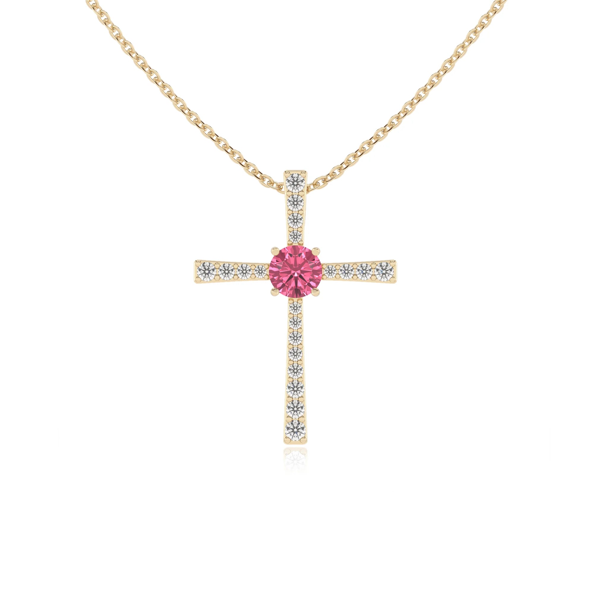 lab grown pink-tourmaline round infinity necklaces in yellow gold