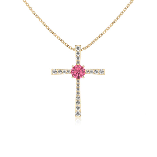 lab grown pink-tourmaline round infinity necklaces in yellow gold