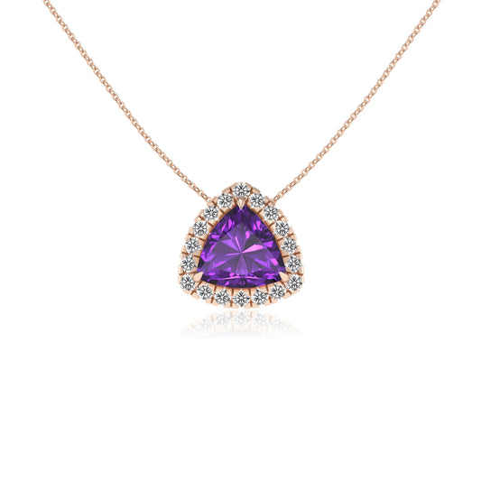 lab grown amethyst trillion solitaire necklaces in rose gold
