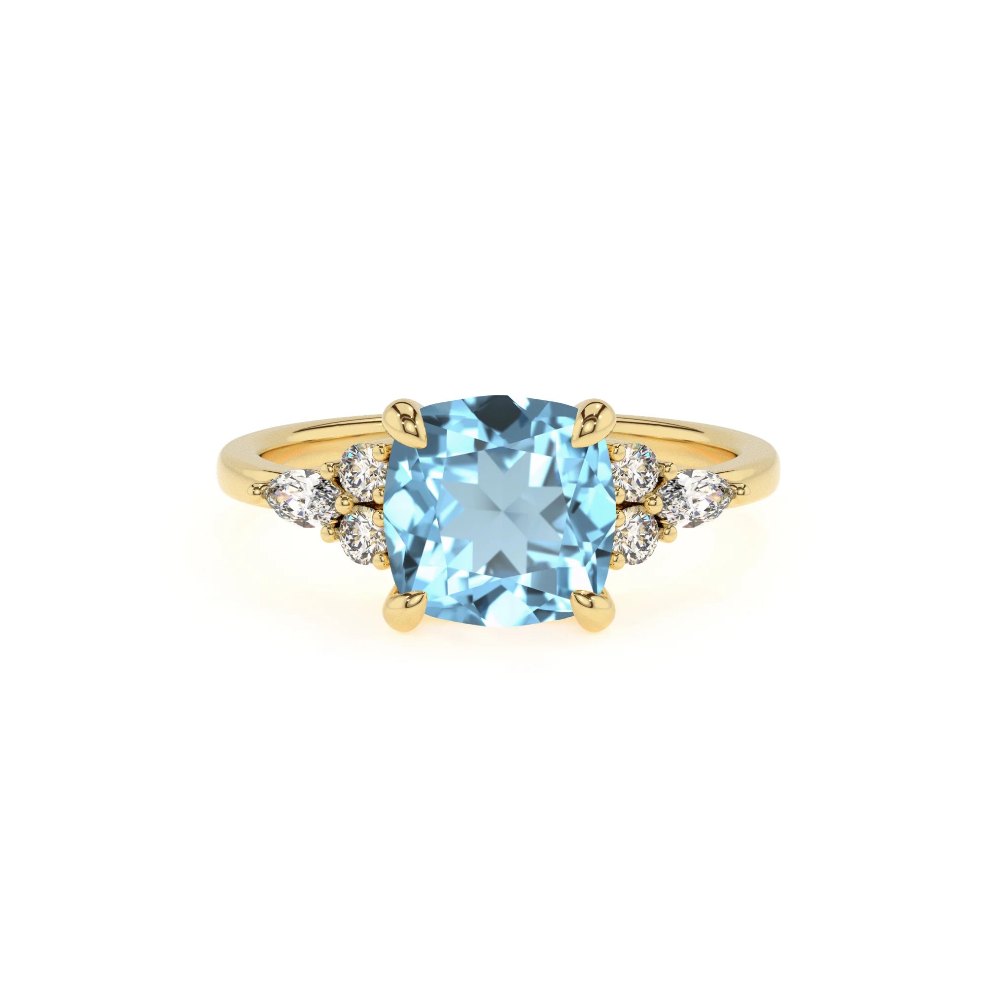 lab grown aquamarine cushion solitaire rings in yellow gold