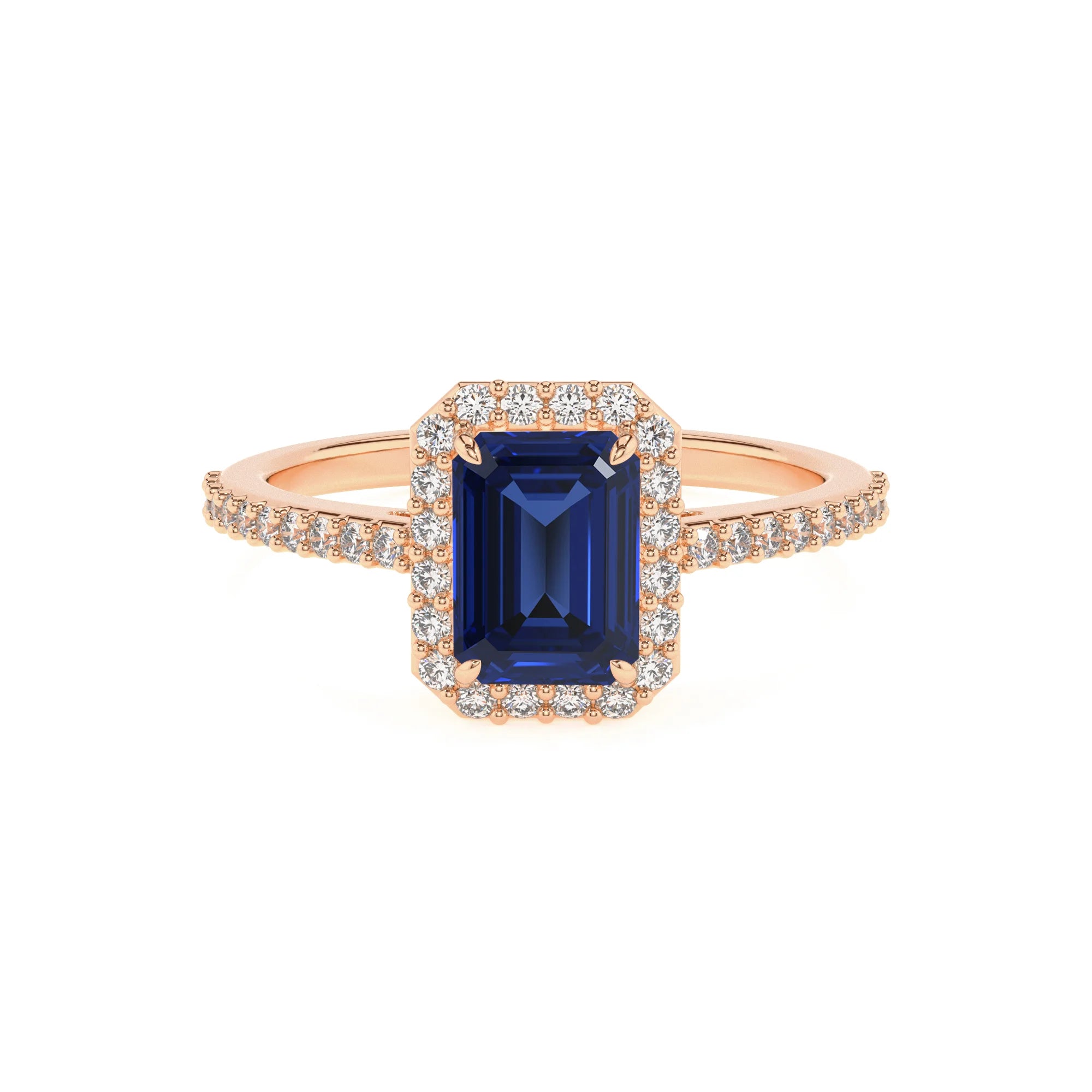 lab grown blue-sapphire emerald cut solitaire rings in rose gold