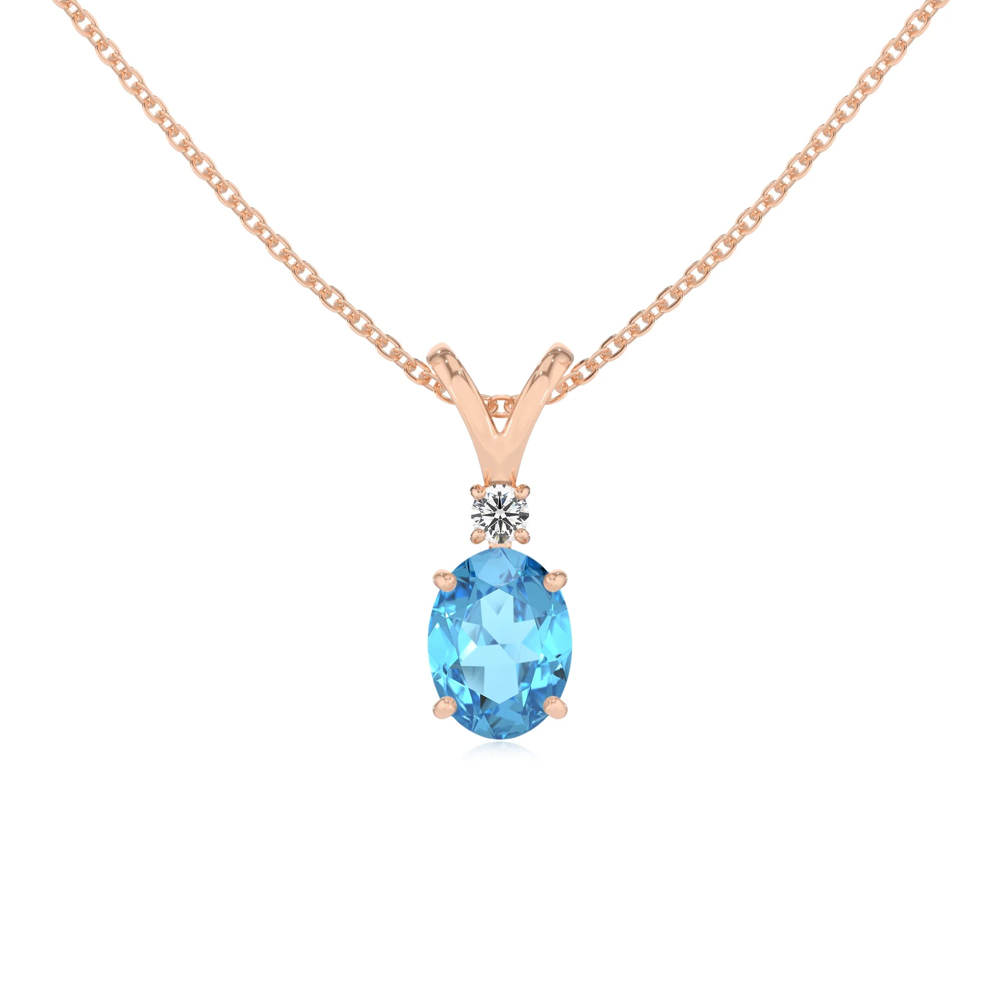 natural swiss-blue-topaz oval solitaire v-bale necklaces in rose gold