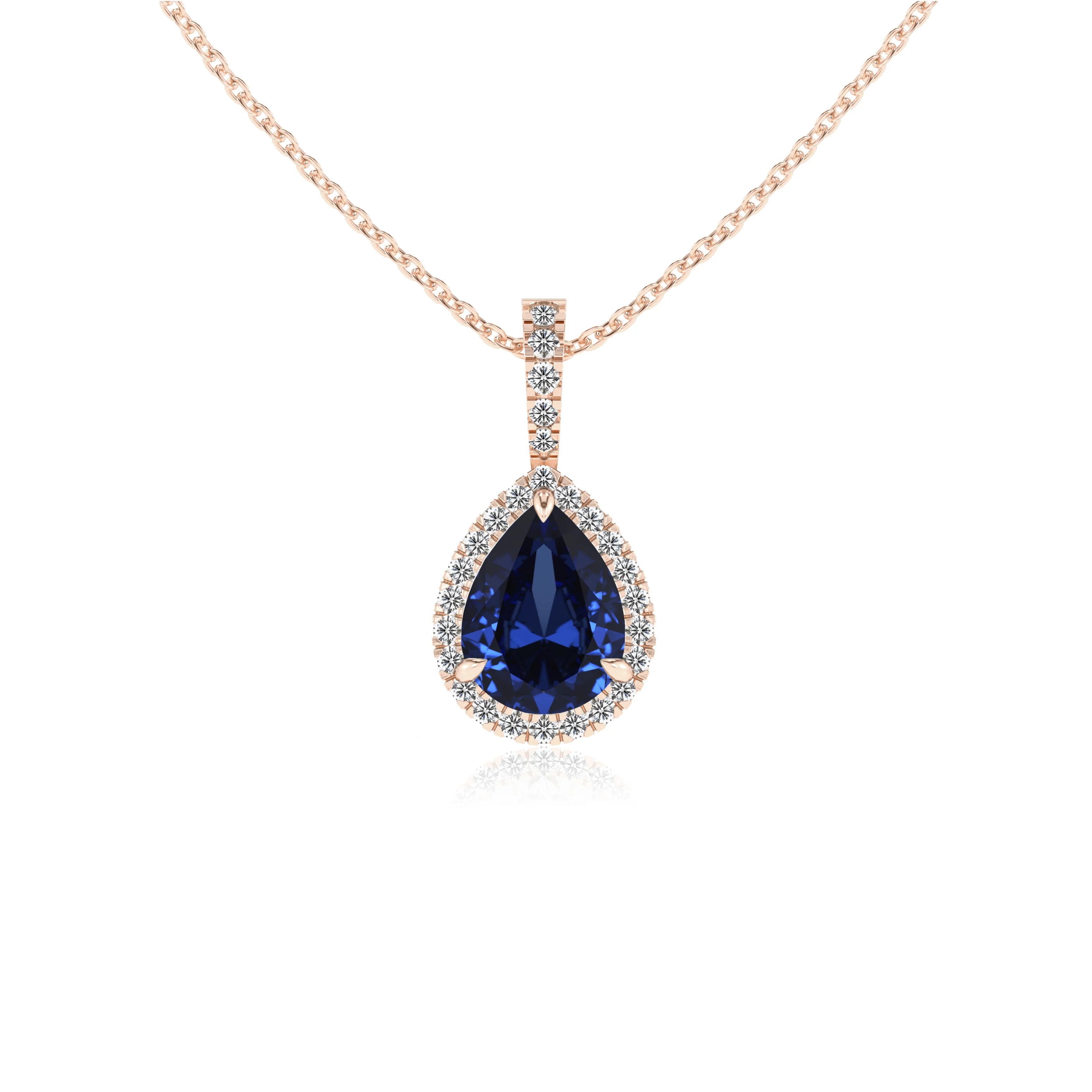 lab grown blue-sapphire pear solitaire necklaces in rose gold