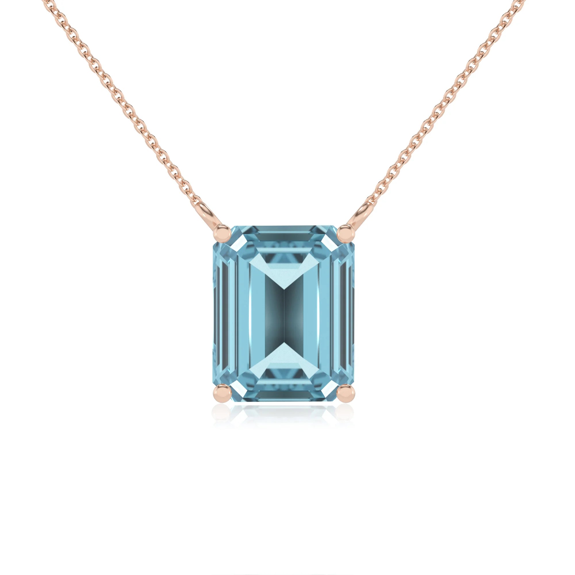 lab grown aquamarine emerald cut solitaire necklaces in rose gold