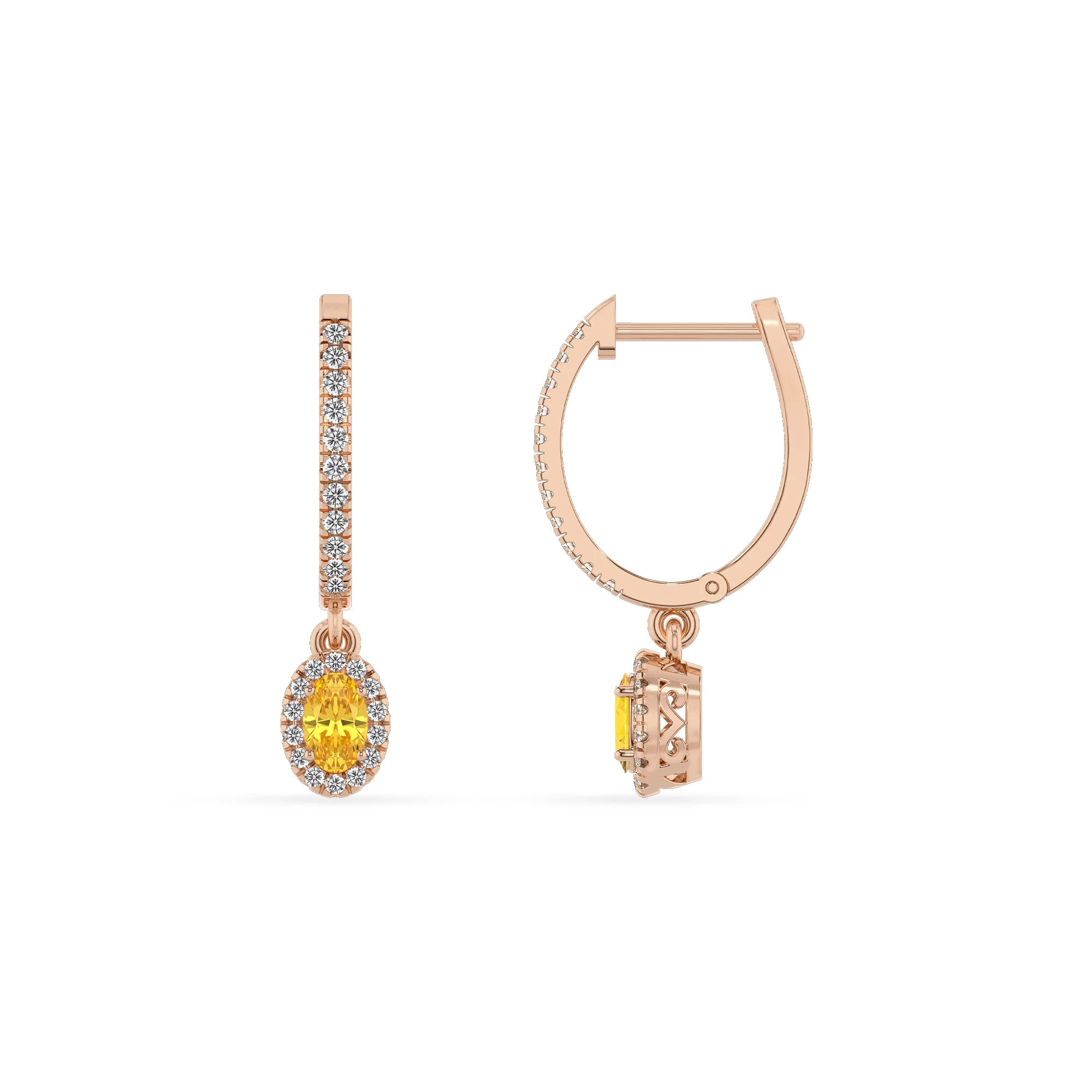 lab grown yellow sapphire oval drop earrings in rose gold