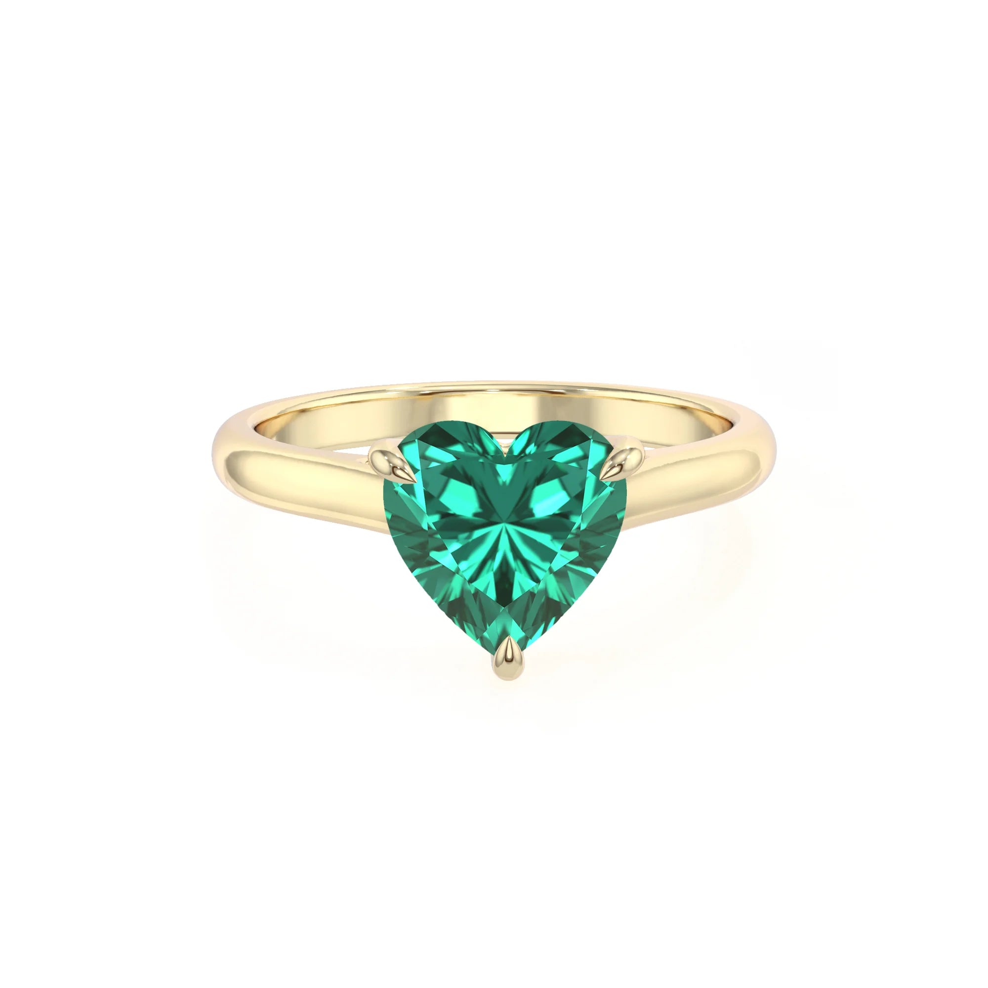 lab grown emerald heart solitaire rings in yellow gold